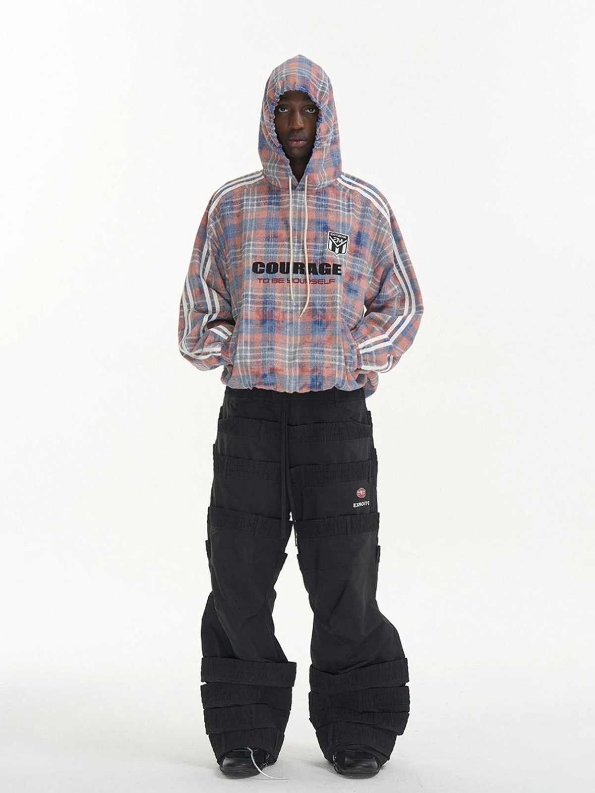 Co-ed Dorm Baggy Plaid Number 3 Graphic Zip-up Hoodie - Pink