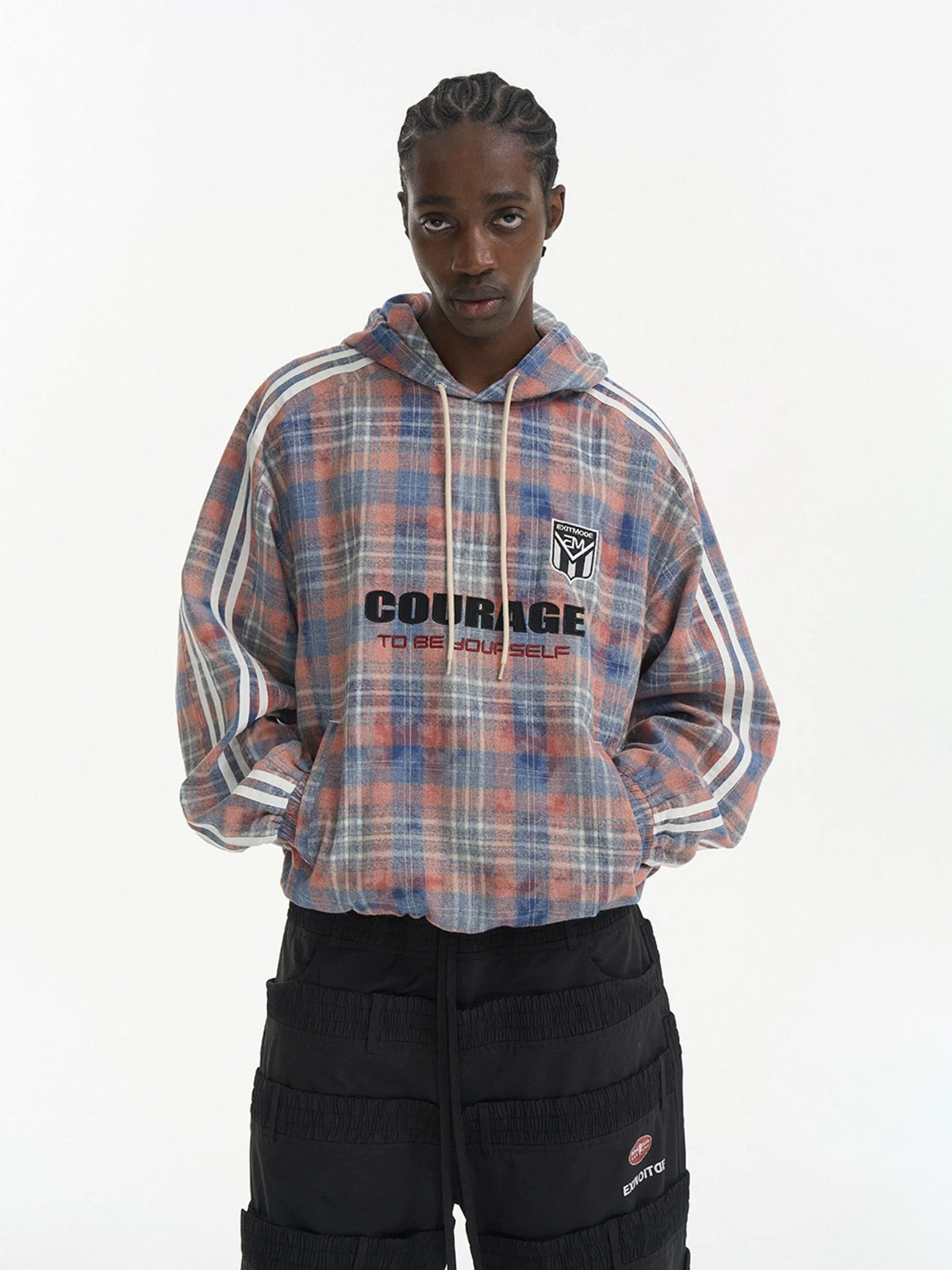 Co-ed Dorm Baggy Plaid Number 3 Graphic Zip-up Hoodie - Pink