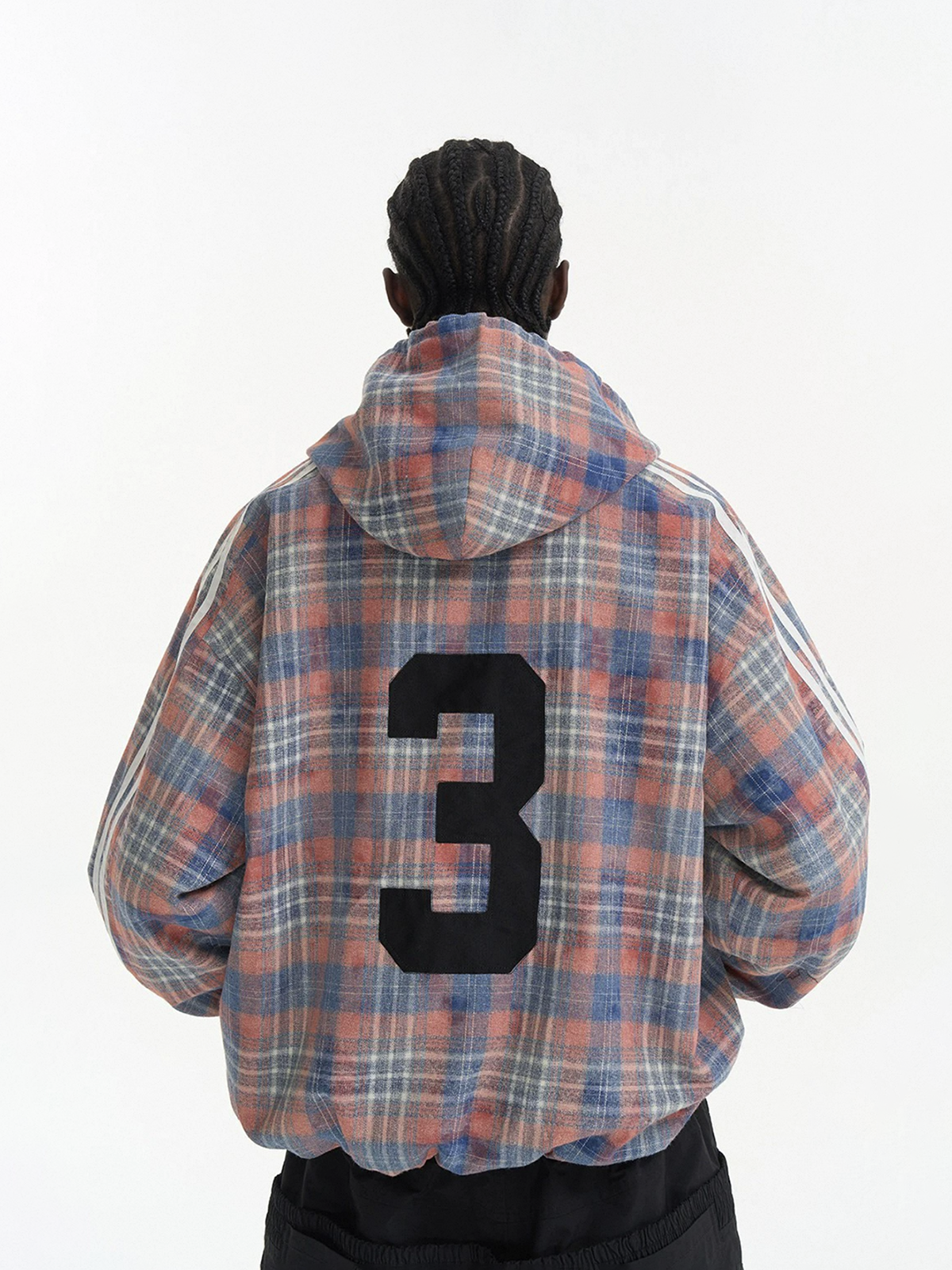Co-ed Dorm Baggy Plaid Number 3 Graphic Zip-up Hoodie - Pink