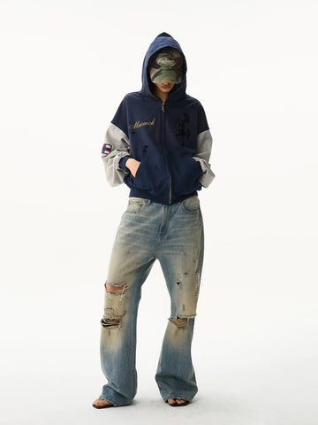 Co-ed Dorm Baggy Contrast Color Zip-up Jacket - Blue