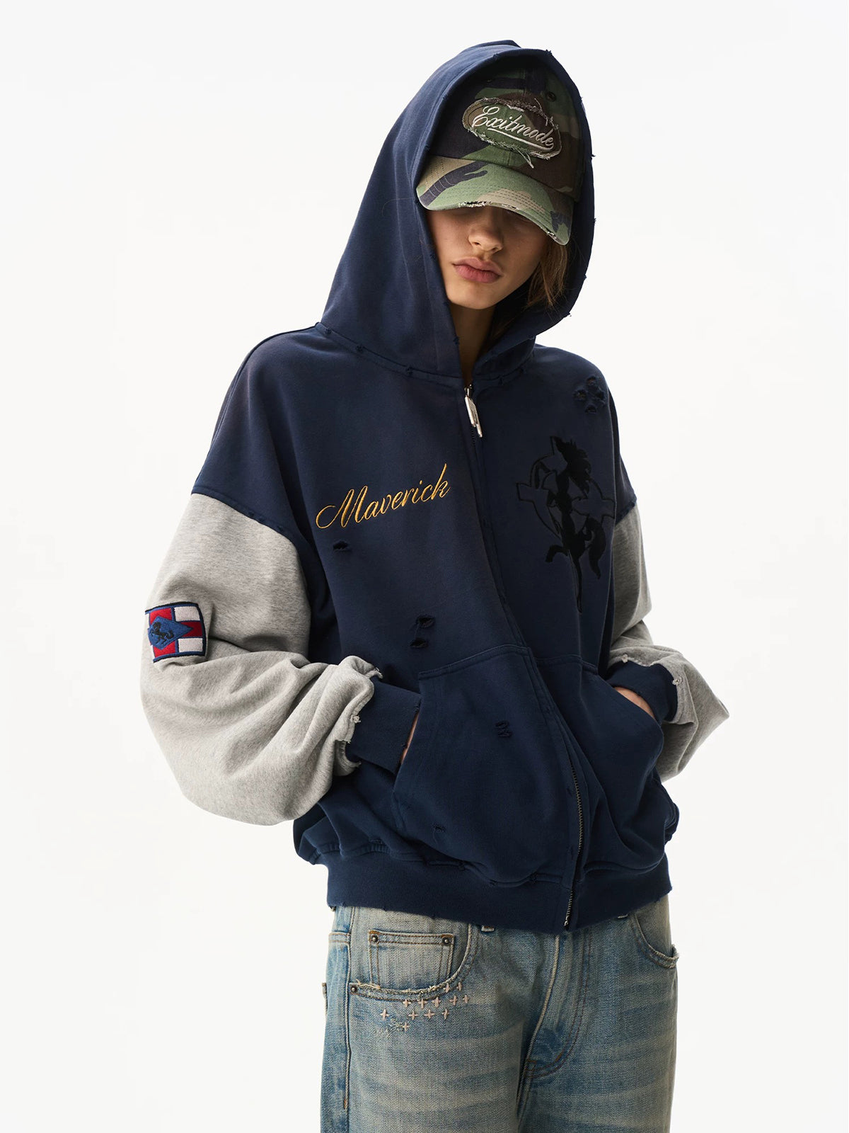 Co-ed Dorm Baggy Contrast Color Zip-up Jacket - Blue