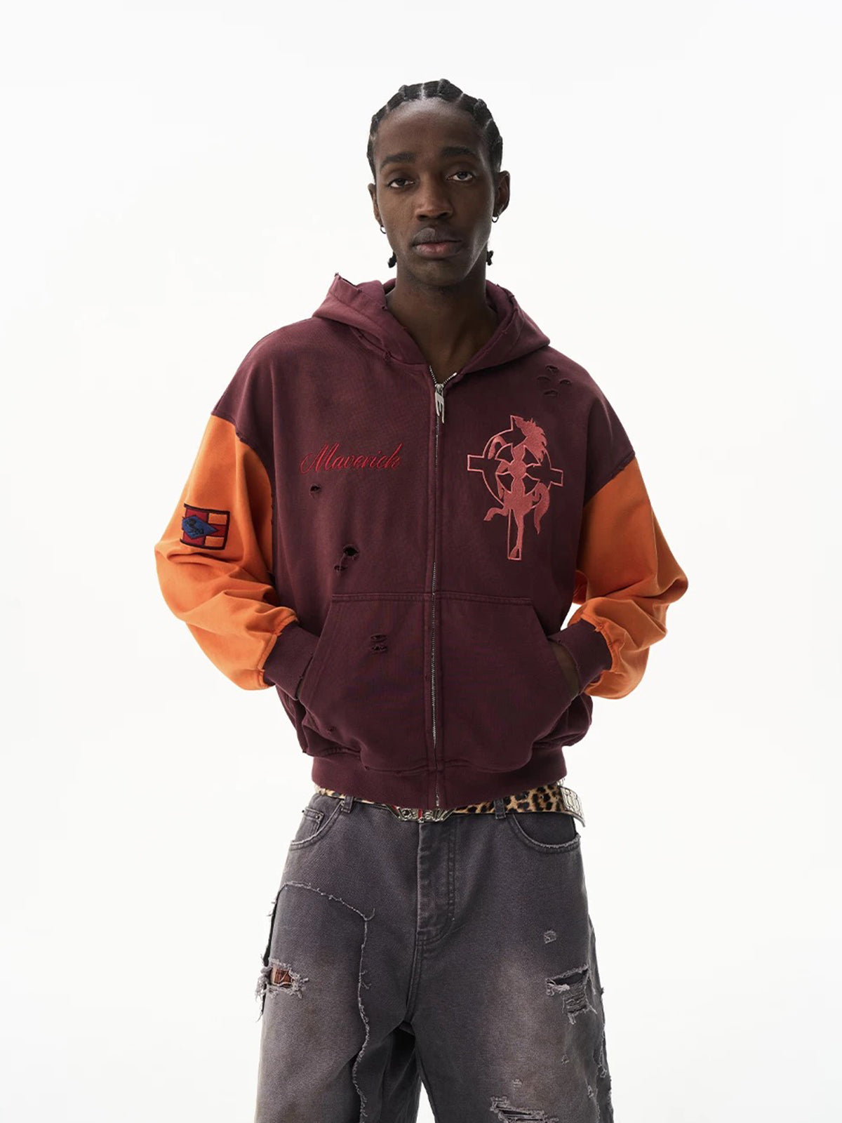 Co-ed Dorm Baggy Contrast Color Zip-up Jacket - Orange