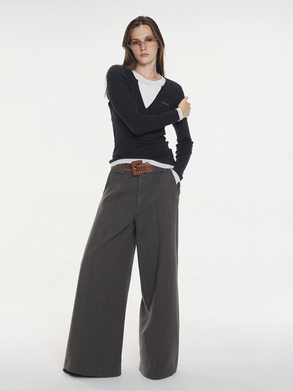 Dolled Office Wide-leg Textured Vertical Stripe Trousers - Charcoal
