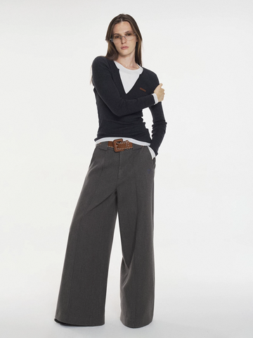 Dolled Office Wide-leg Textured Vertical Stripe Trousers - Charcoal
