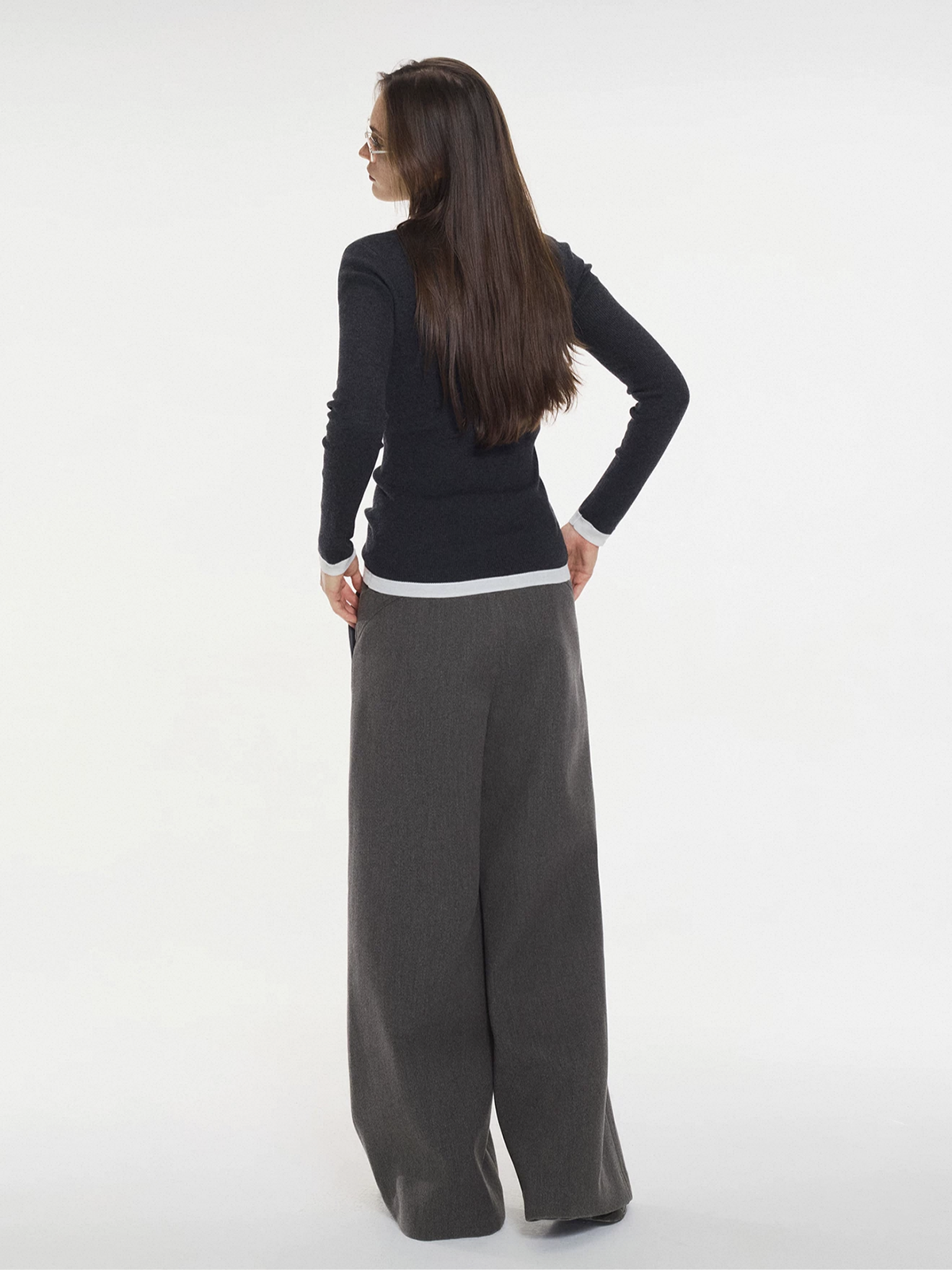 Dolled Office Wide-leg Textured Vertical Stripe Trousers - Charcoal