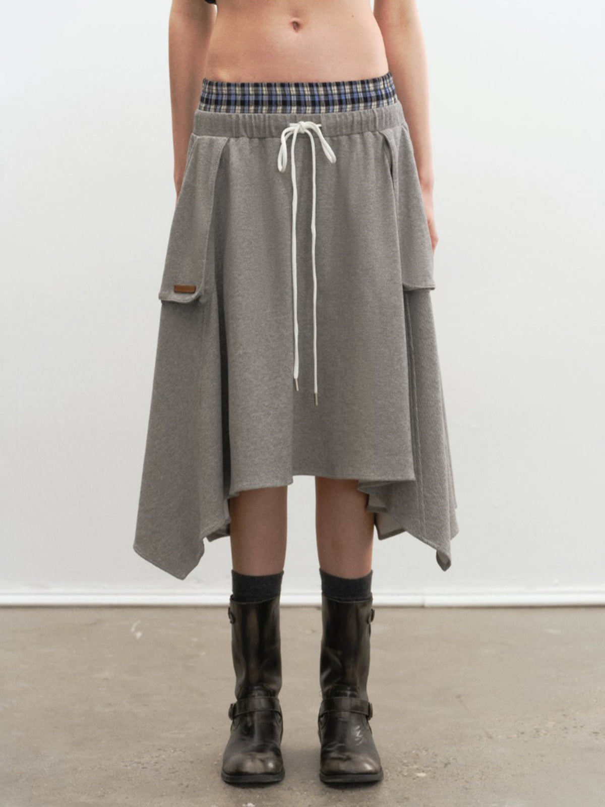 Brick Lane Layered-look Check Plaid Asymmetric Skirt - Grey