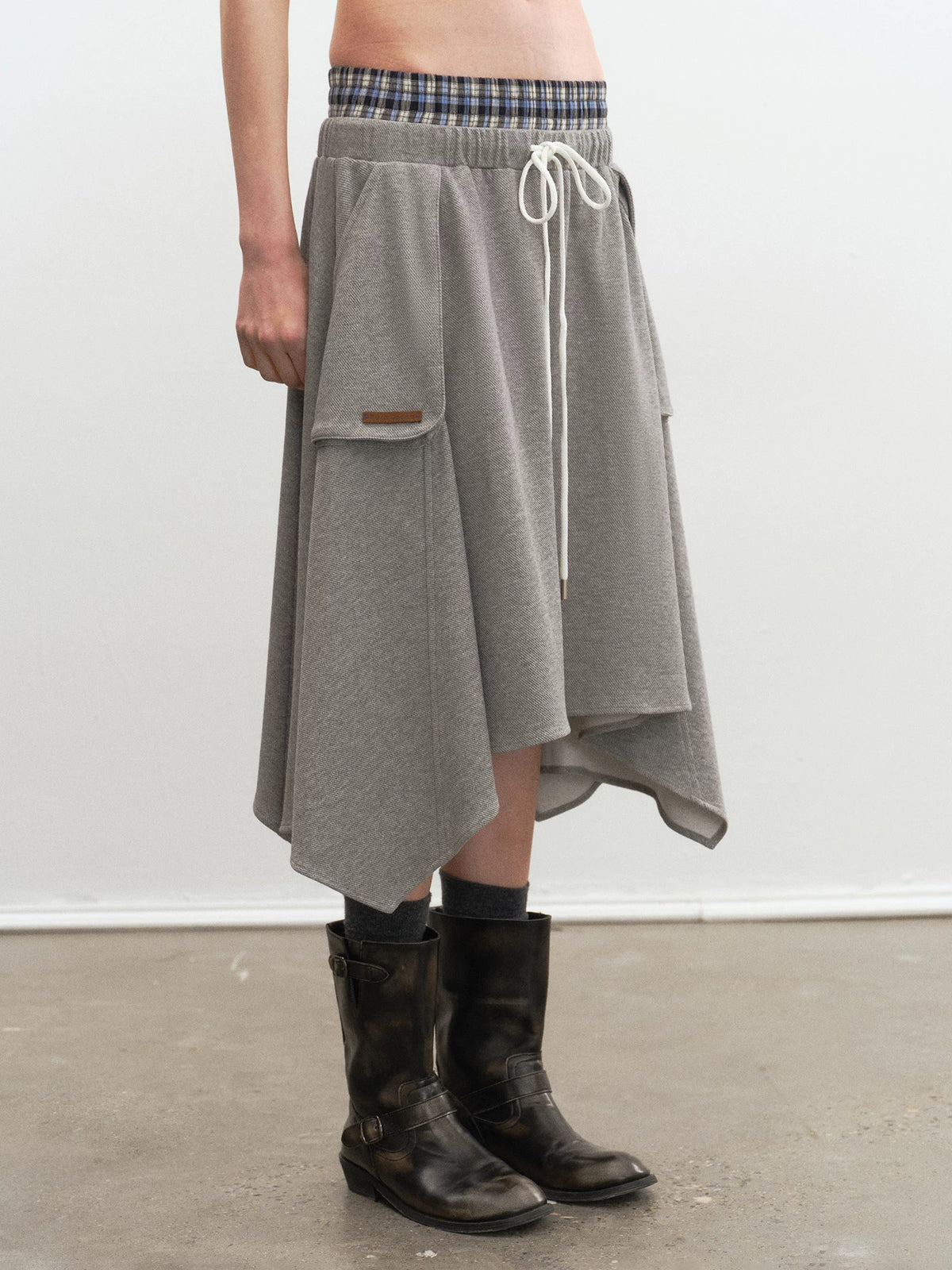 Brick Lane Layered-look Check Plaid Asymmetric Skirt - Grey