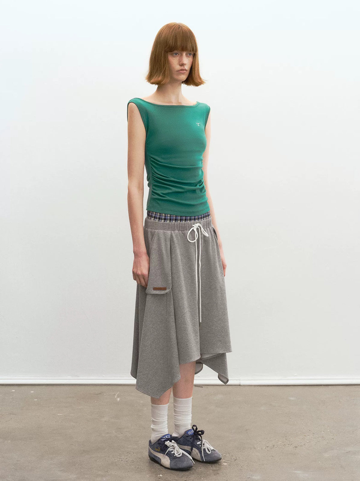 Brick Lane Layered-look Check Plaid Asymmetric Skirt - Grey