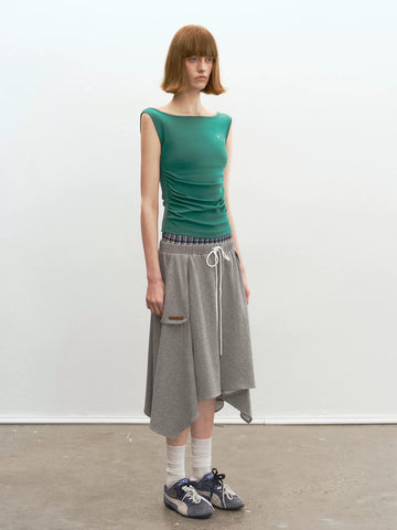 Brick Lane Layered-look Check Plaid Asymmetric Skirt - Grey