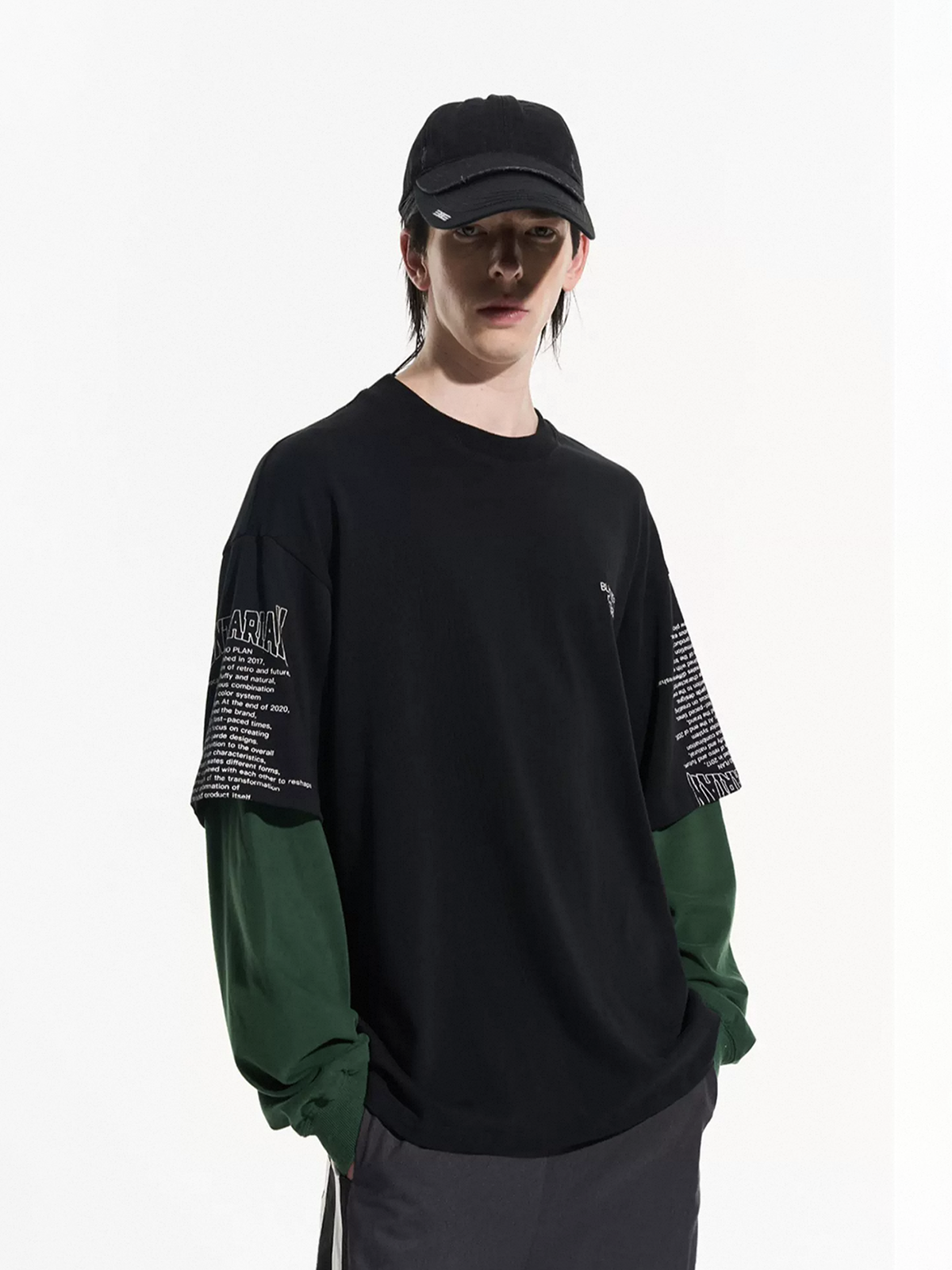 Co-ed Dorm Layered-Look Contrast Color Crewneck Sweatshirt - Green