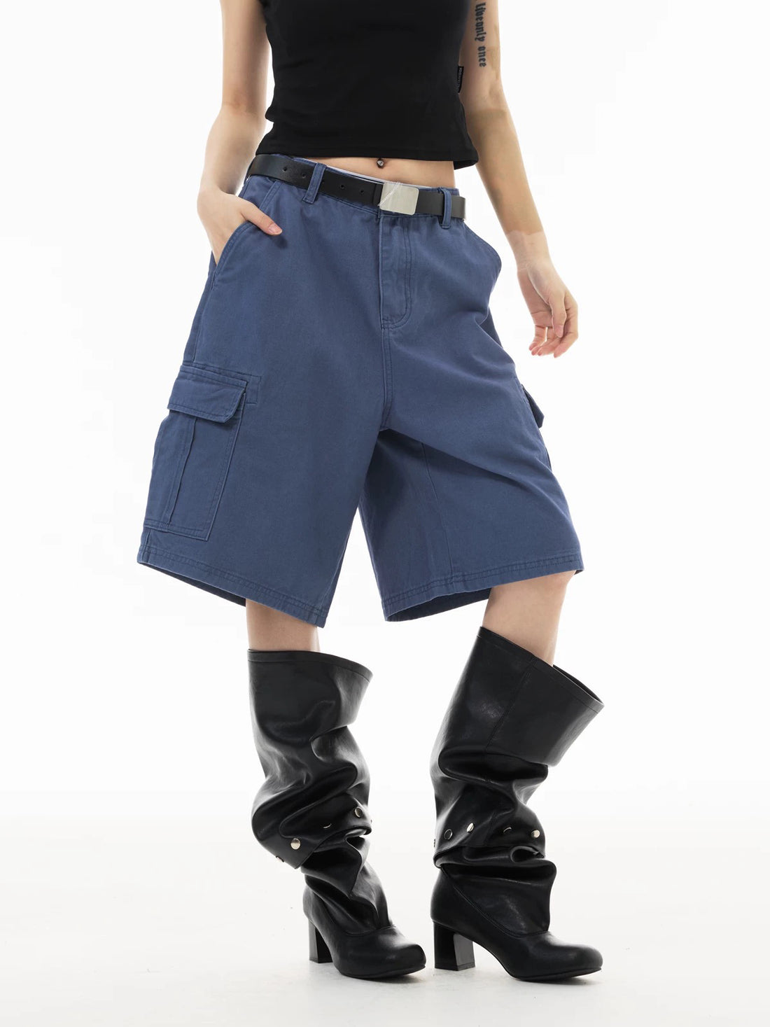 American Club Straight Check Plaid Cargo Shorts - Navy