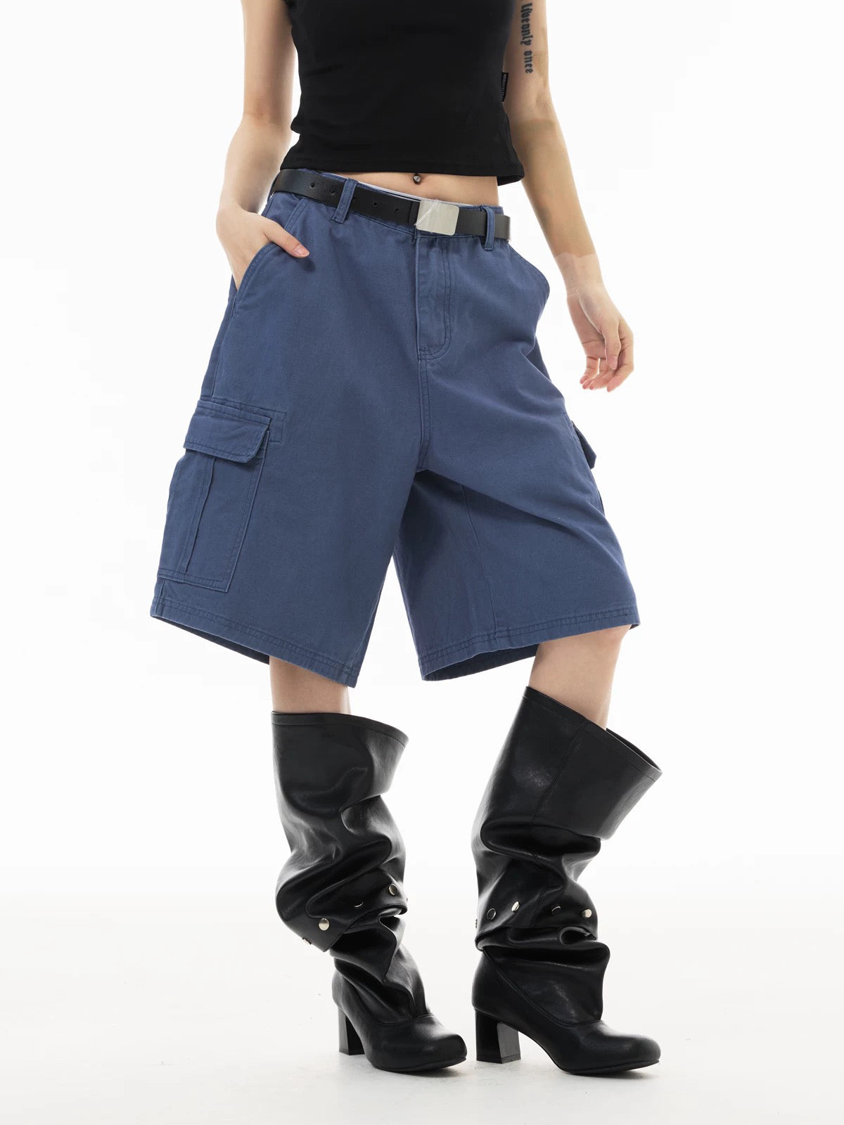 American Club Straight Check Plaid Cargo Shorts - Navy