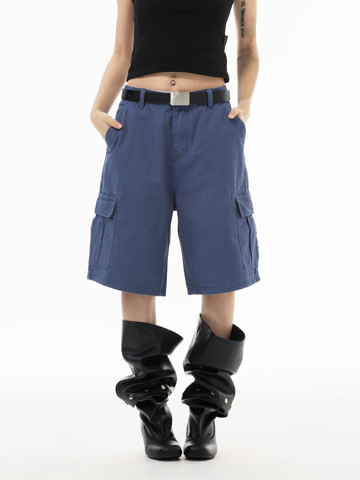 American Club Straight Check Plaid Cargo Shorts - Navy