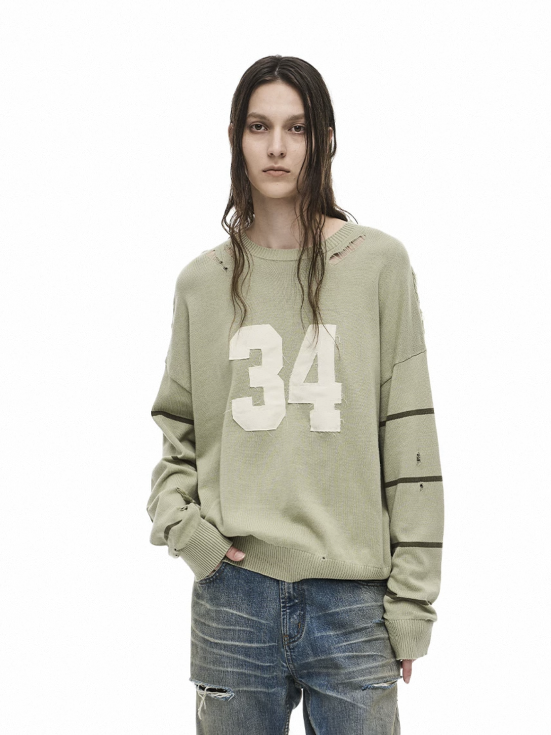 Co-ed Dorm Baggy Cutout Number 34 Graphic Sweatshirt - Grey