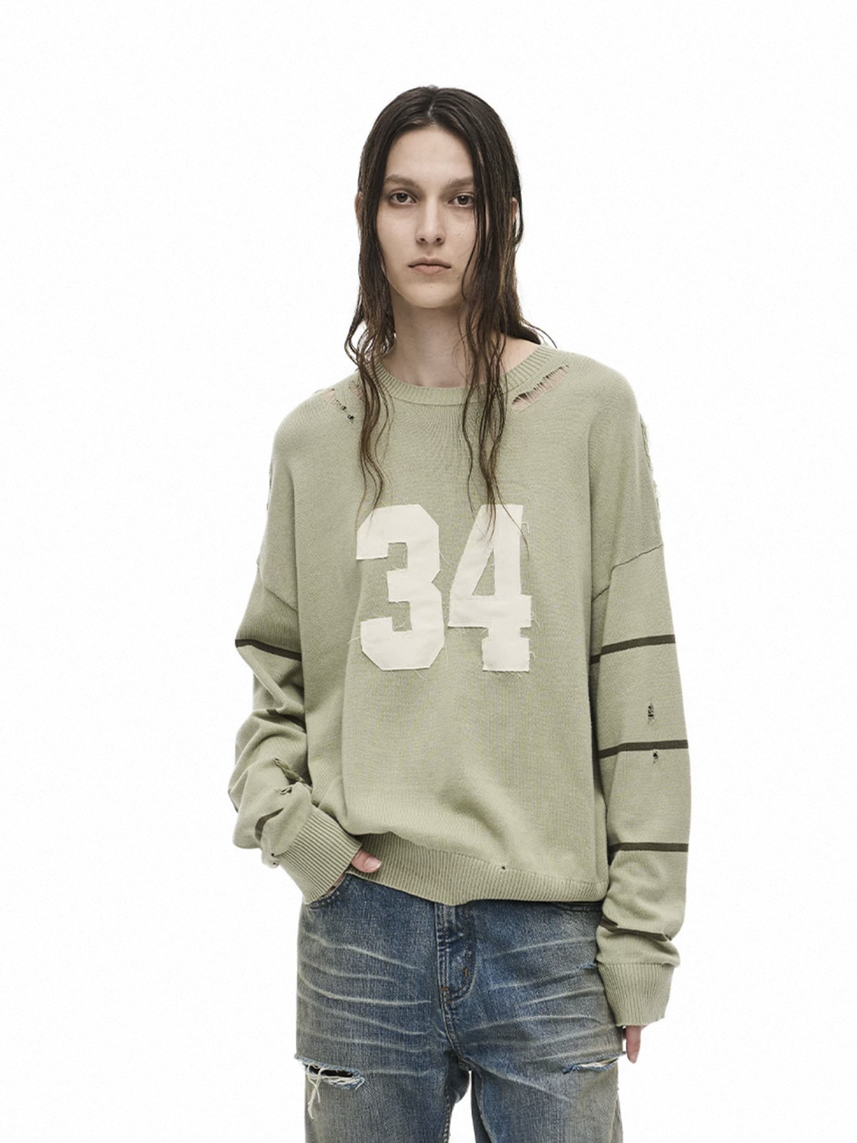 Co-ed Dorm Baggy Cutout Number 34 Graphic Sweatshirt - Grey