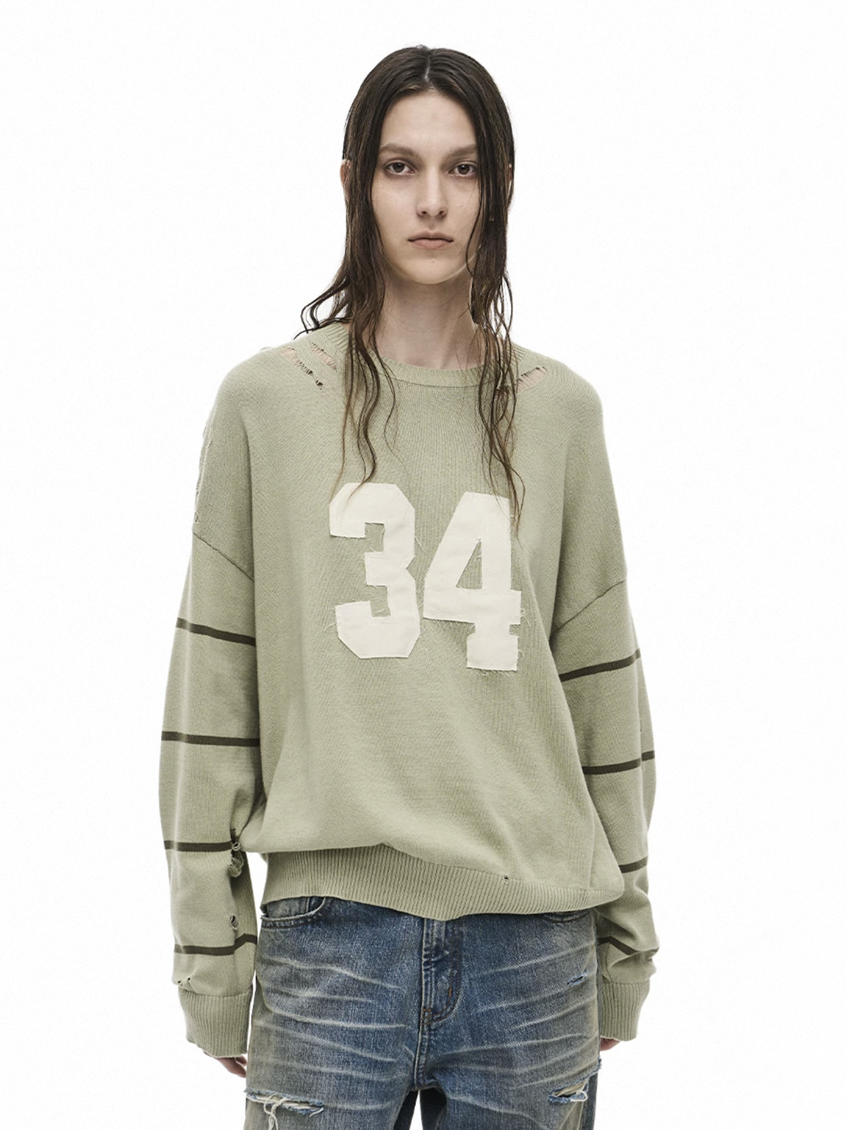 Co-ed Dorm Baggy Cutout Number 34 Graphic Sweatshirt - Grey