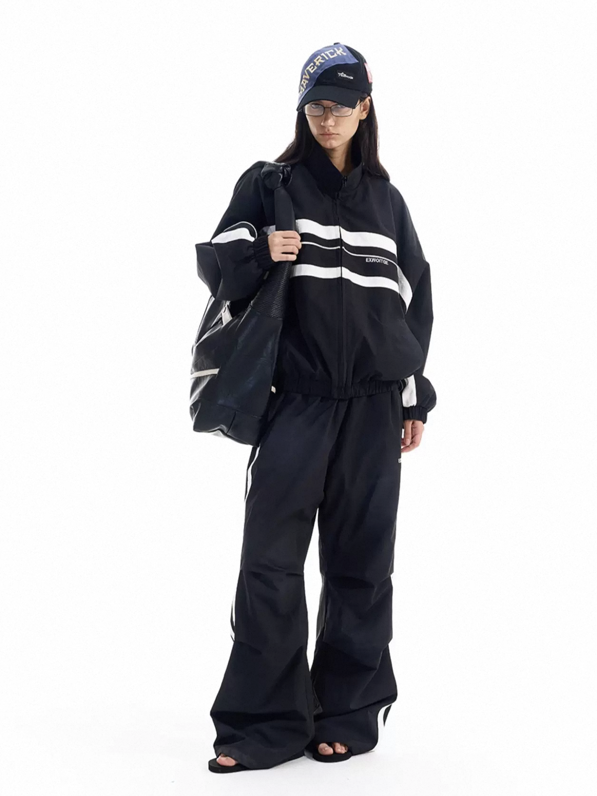 Co-ed Dorm Baggy Striped Zip-up Jacket - Black