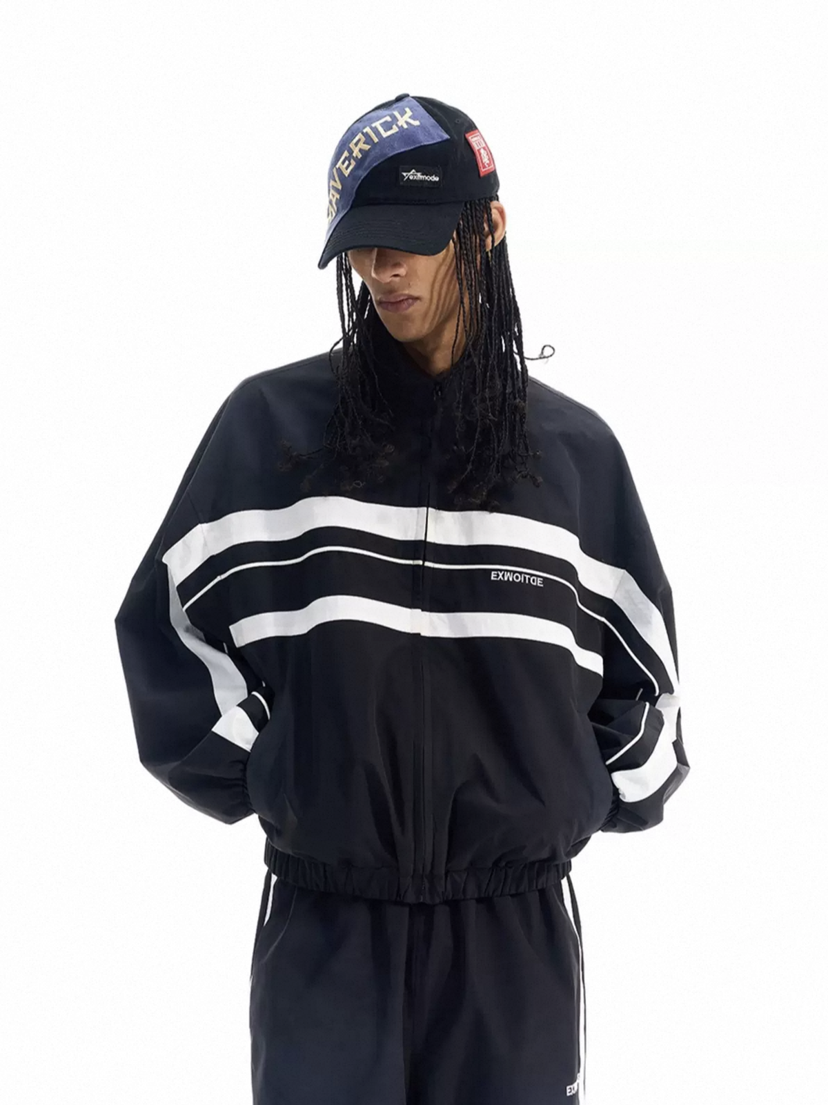 Co-ed Dorm Baggy Striped Zip-up Jacket - Black