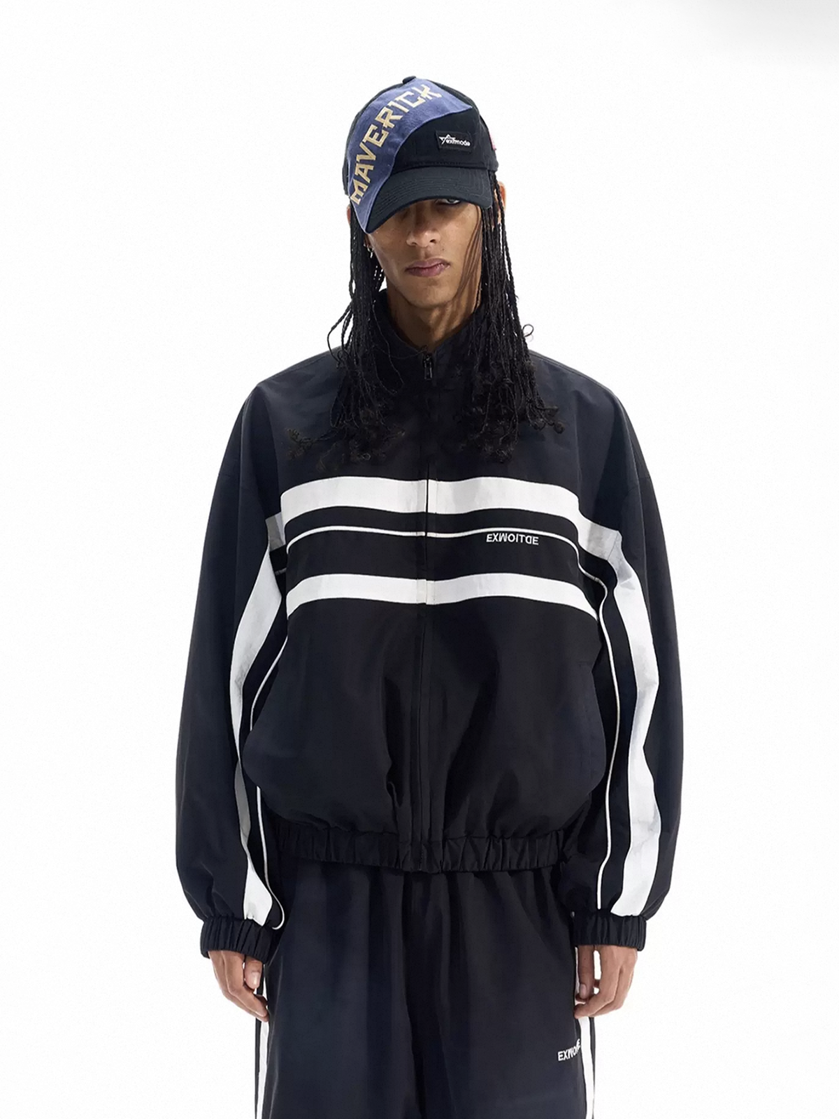 Co-ed Dorm Baggy Striped Zip-up Jacket - Black