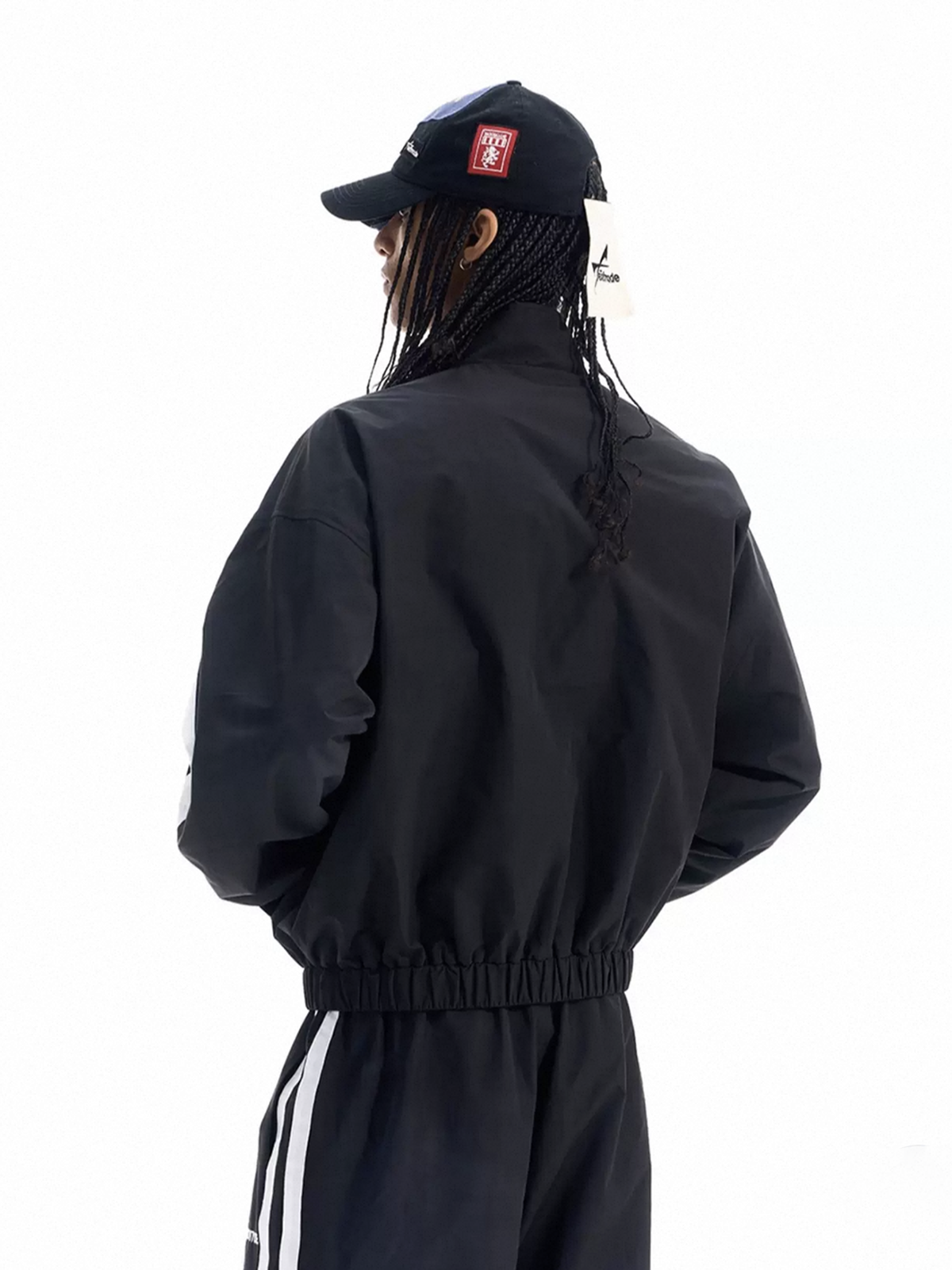 Co-ed Dorm Baggy Striped Zip-up Jacket - Black