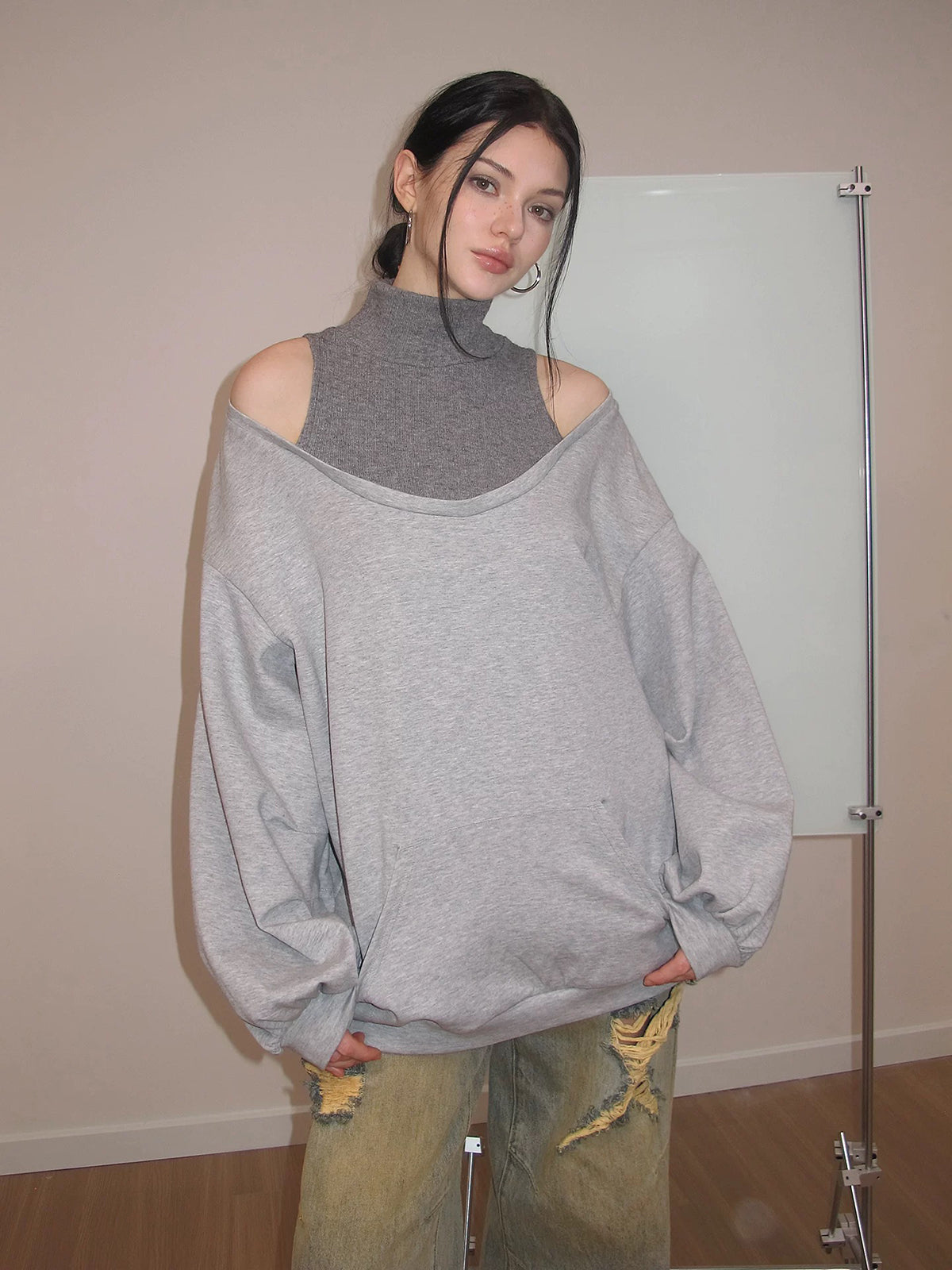 Co-ed Dorm Layered-Look Cutout Sweatshirt - Grey