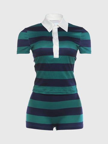 Brick Lane Skimming Stripe Contrast Polo Shirt - Green/Navy