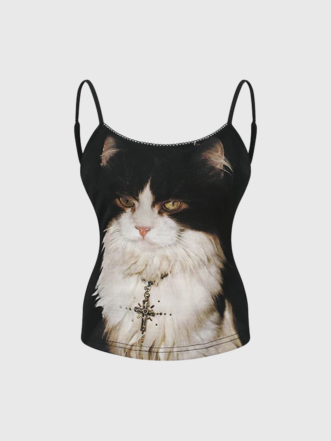 Brick Lane Skimming Dot Cat Graphic Asymmetric Top - Black