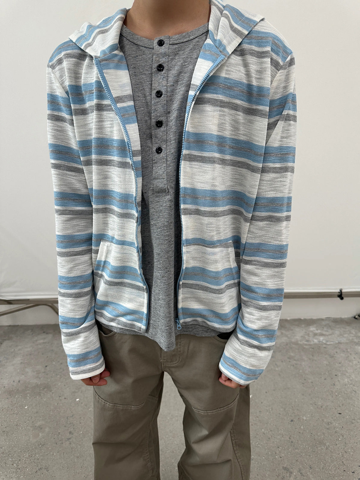Co-ed Dorm Baggy Striped Hooded Shirt Jacket - Blue