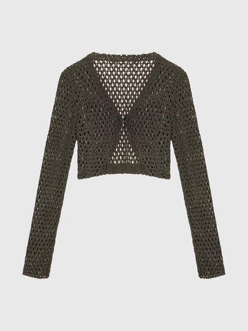 Brick Lane Baggy Cut Out Hollow Knit Bolero - Olive