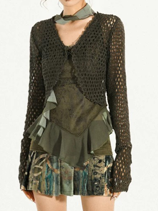 Brick Lane Baggy Cut Out Hollow Knit Bolero - Olive