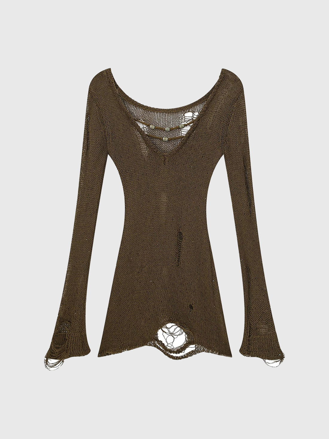 Brick Lane Skimming Cut Out Distressed Knit Top - Coffee
