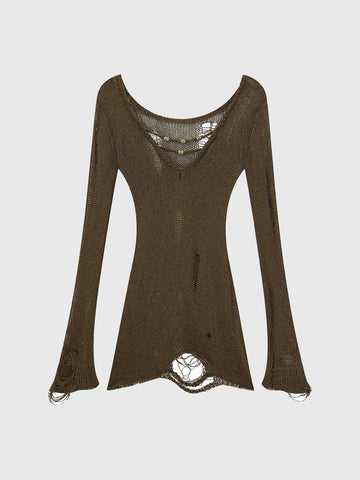 Brick Lane Skimming Cut Out Distressed Knit Top - Coffee