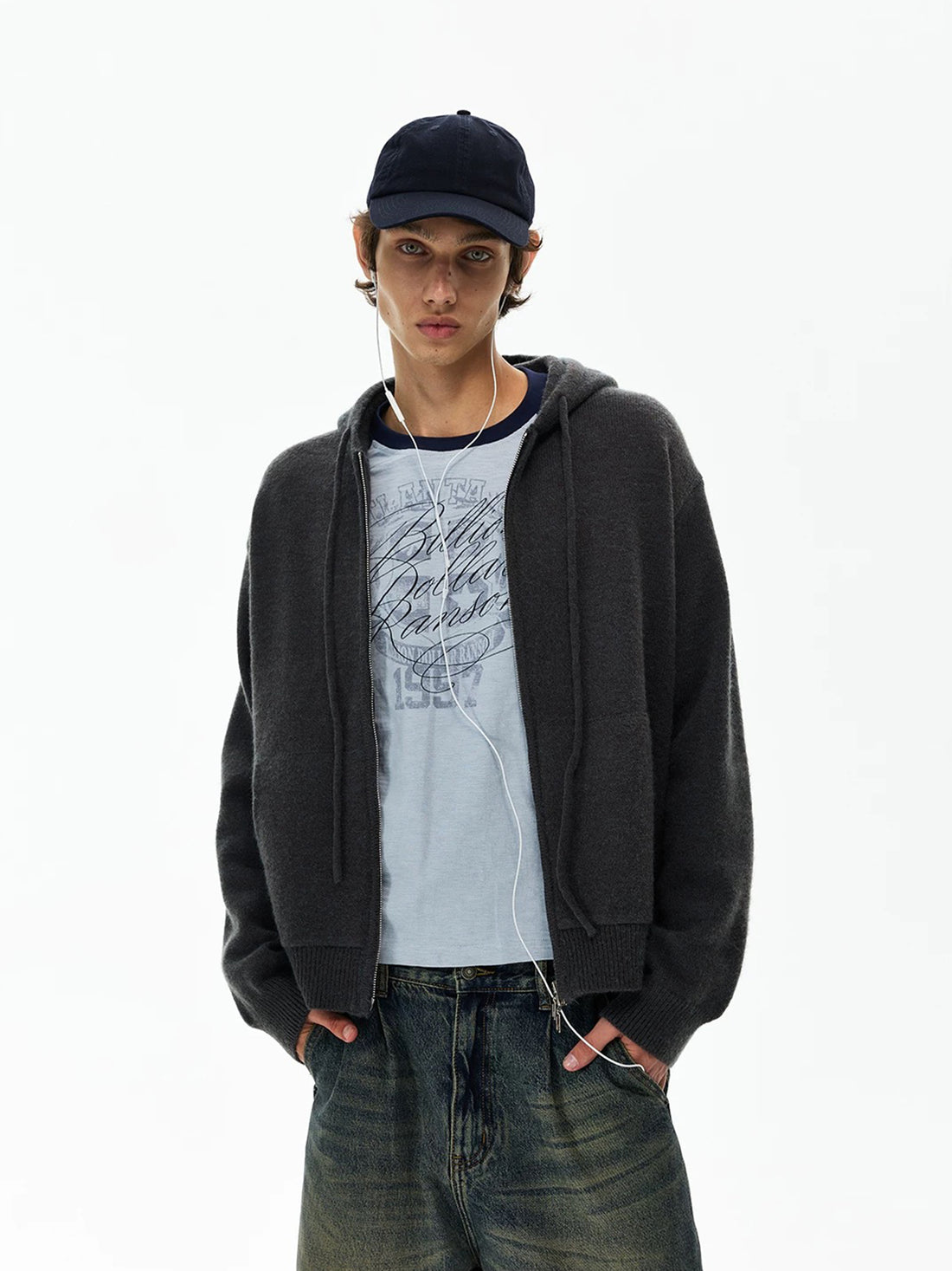 Co-ed Dorm Baggy Washed Zip-up Jacket - Black