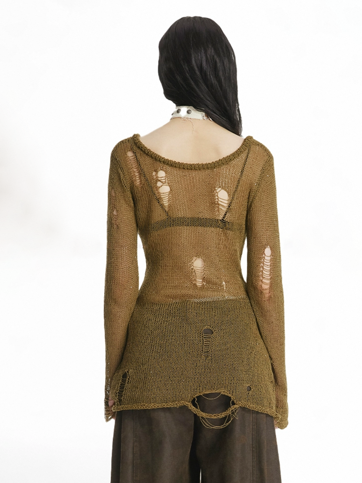 Brick Lane Skimming Cut Out Distressed Knit Top - Coffee