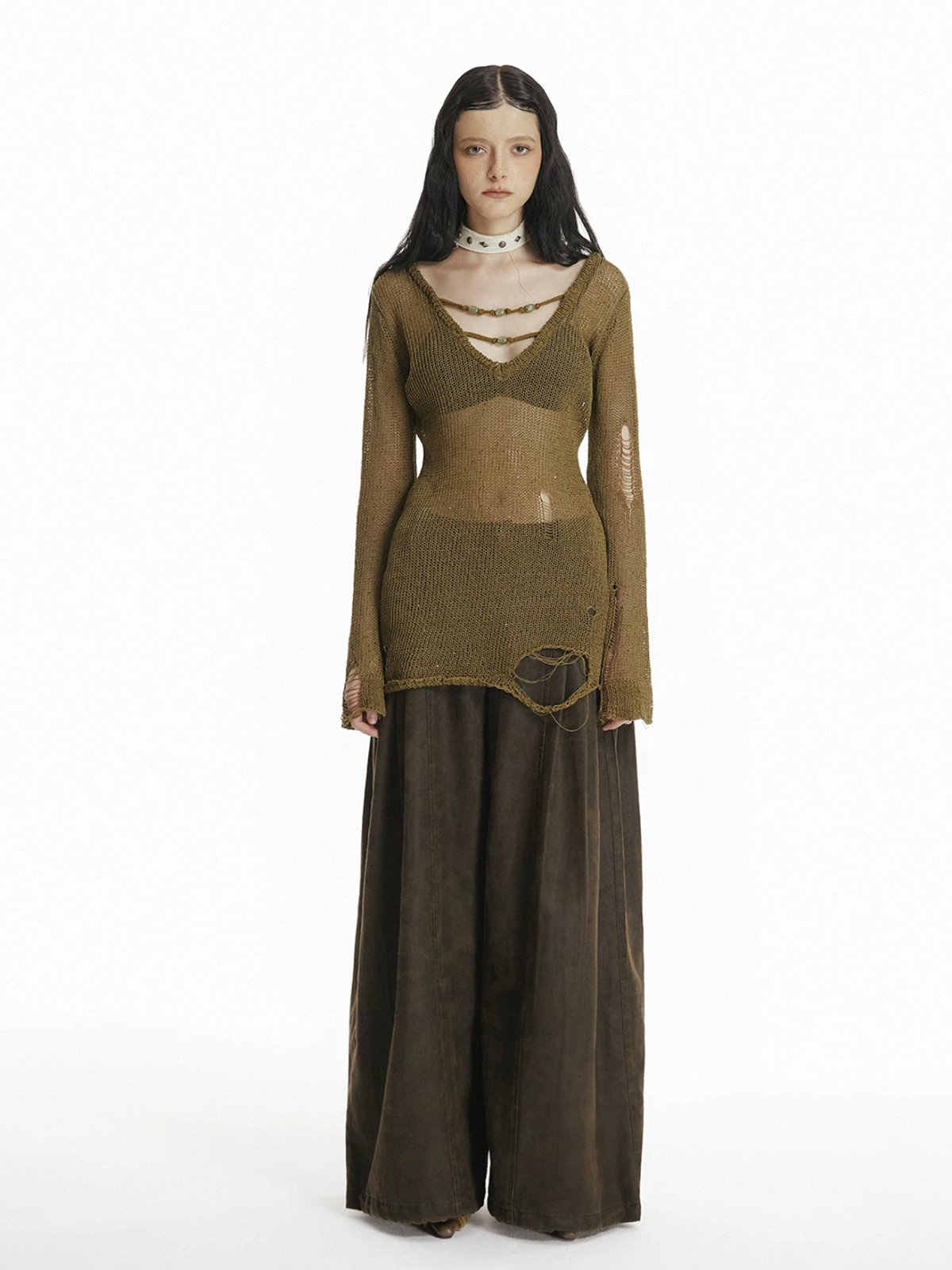Brick Lane Skimming Cut Out Distressed Knit Top - Coffee