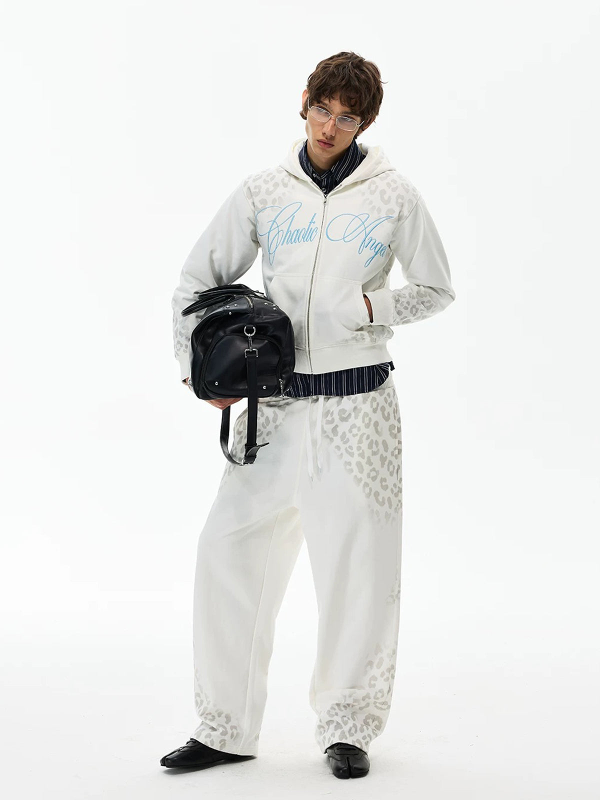 Co-ed Dorm Baggy Leopard Print Side Striped Sweatpants - White