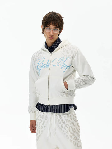 Co-ed Dorm Baggy Leopard Print Zip-up Hoodie - White