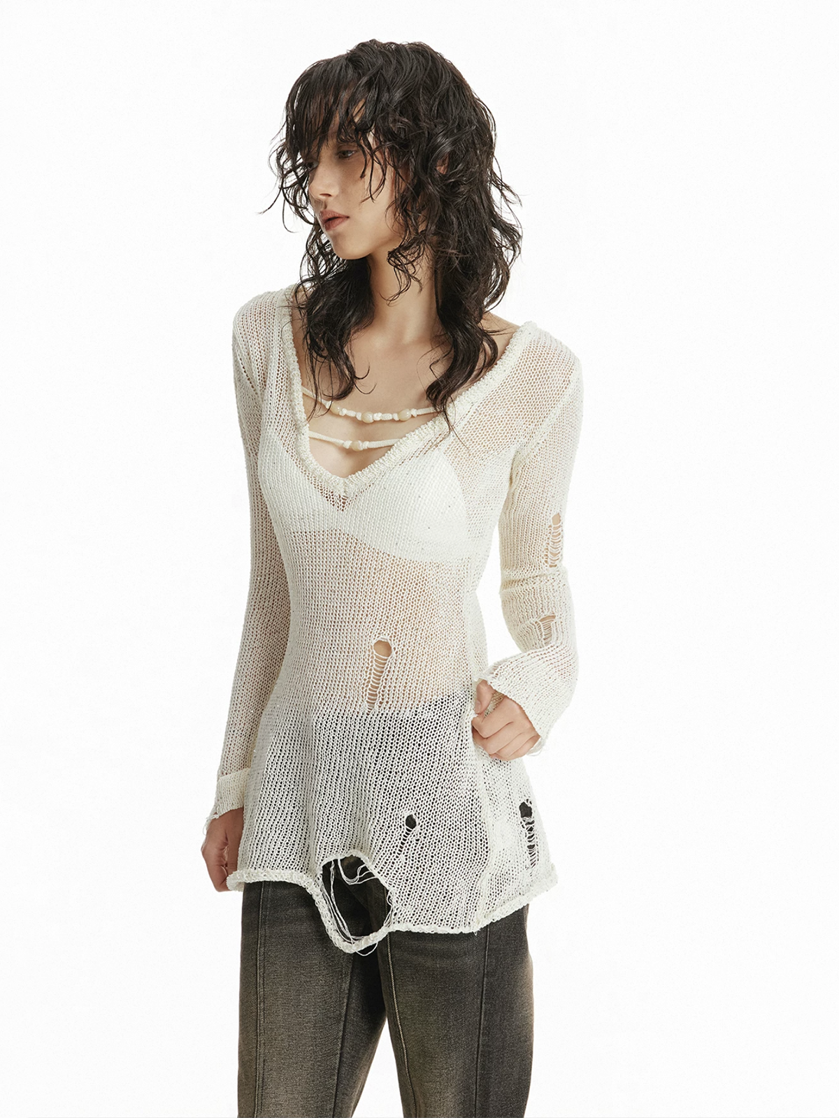 Brick Lane Skimming Cut Out Distressed Knit Top - White
