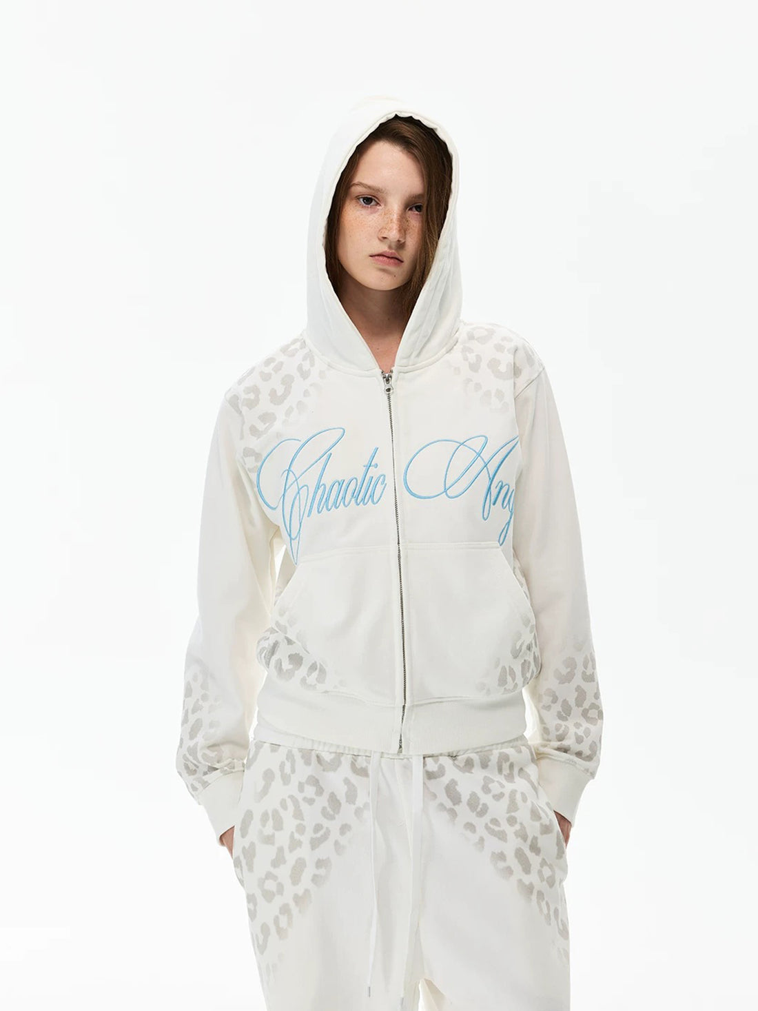 Co-ed Dorm Baggy Leopard Print Zip-up Hoodie - White