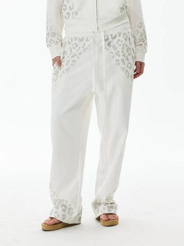 Co-ed Dorm Baggy Leopard Print Side Striped Sweatpants - White