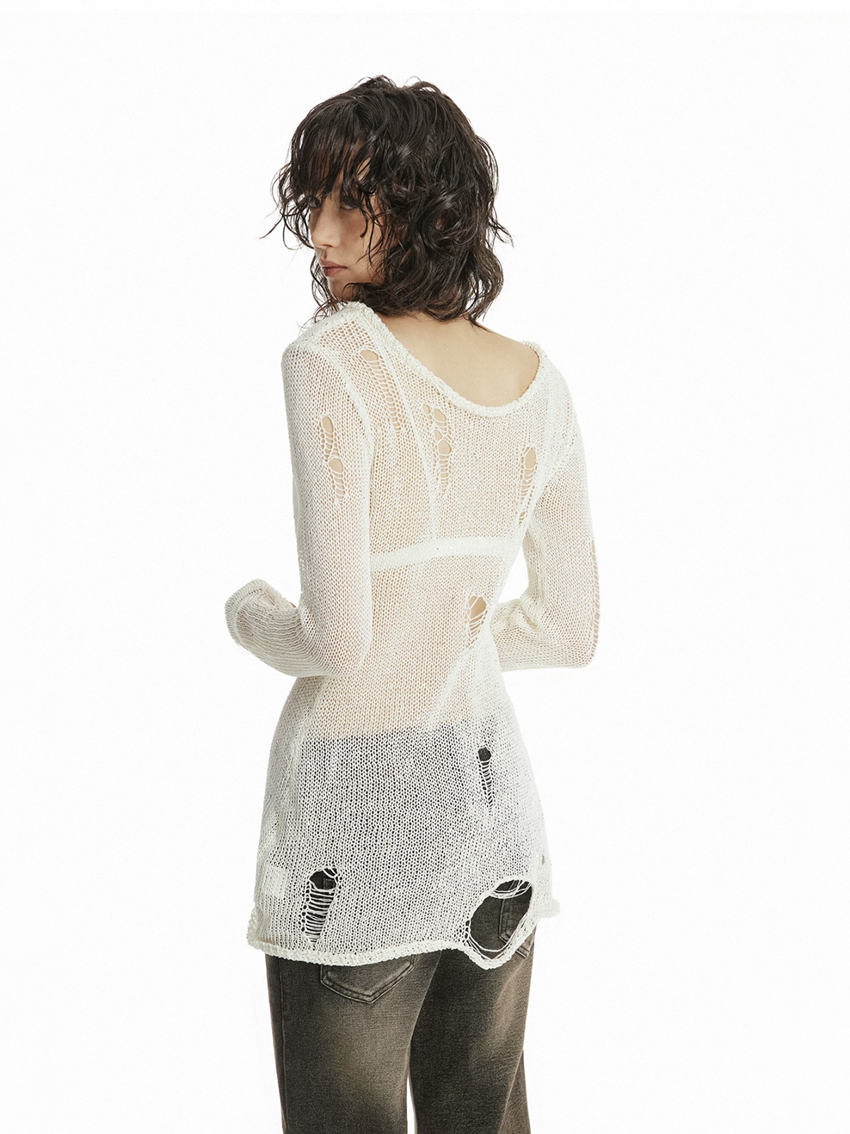 Brick Lane Skimming Cut Out Distressed Knit Top - White