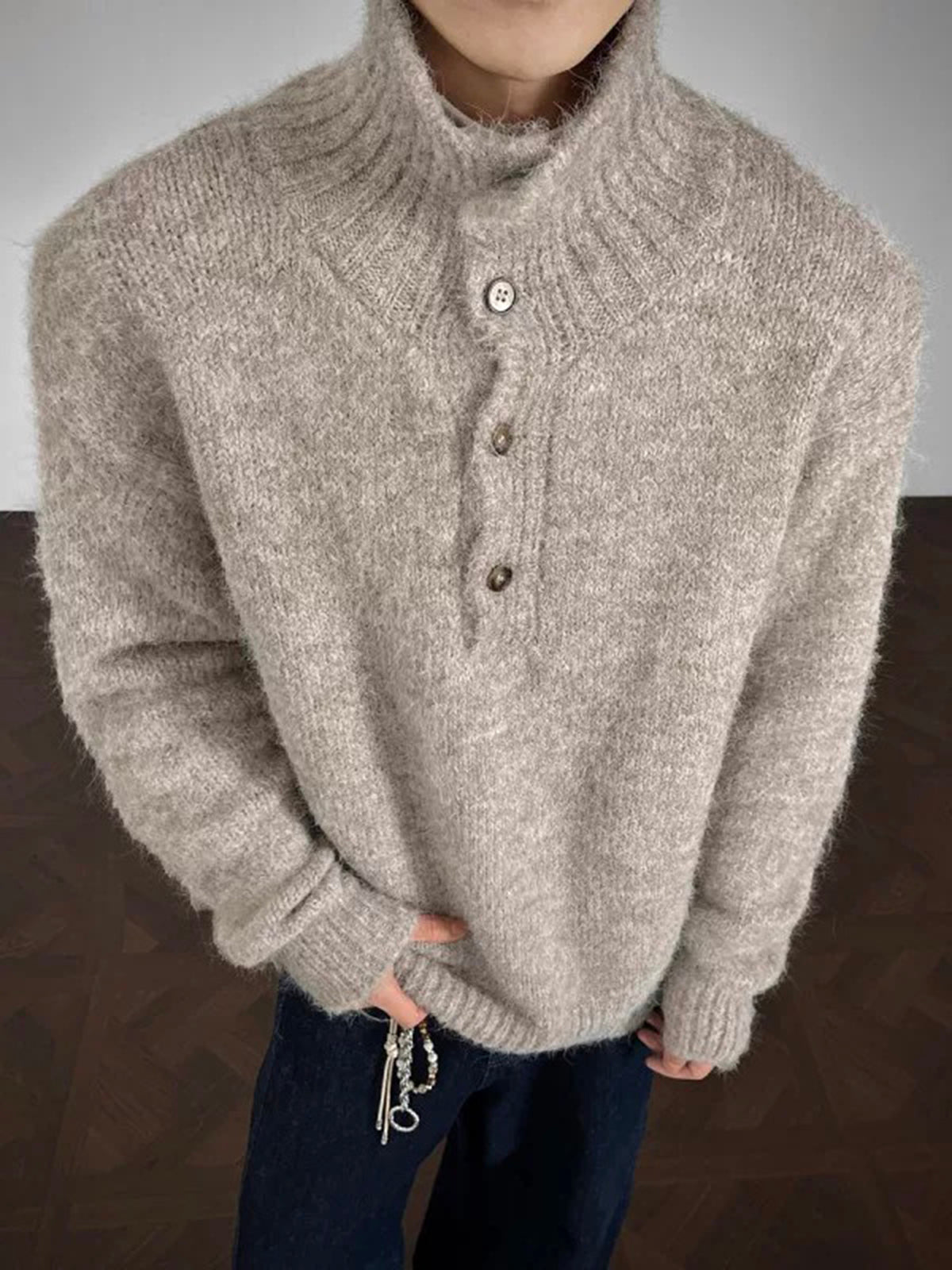 Co-ed Dorm Baggy Half-Zip Knit Sweater - Grey