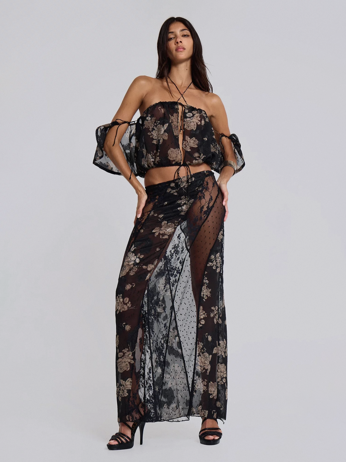 Brick Lane Lace Mesh Sheer Patchwork Maxi Dress - Black