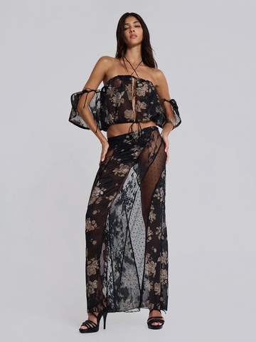 Brick Lane Lace Mesh Sheer Patchwork Maxi Dress - Black