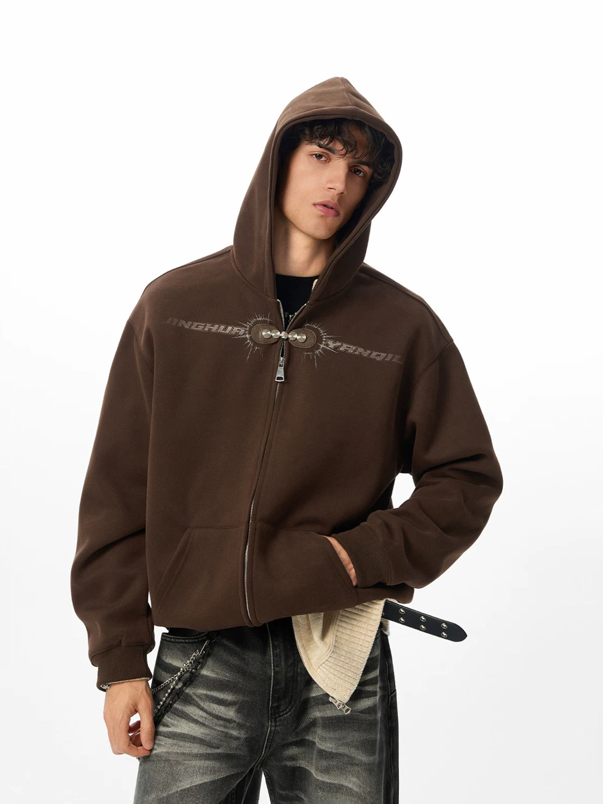 Co-ed Dorm Baggy Star Embroidery Zip-up Hoodie - Brown