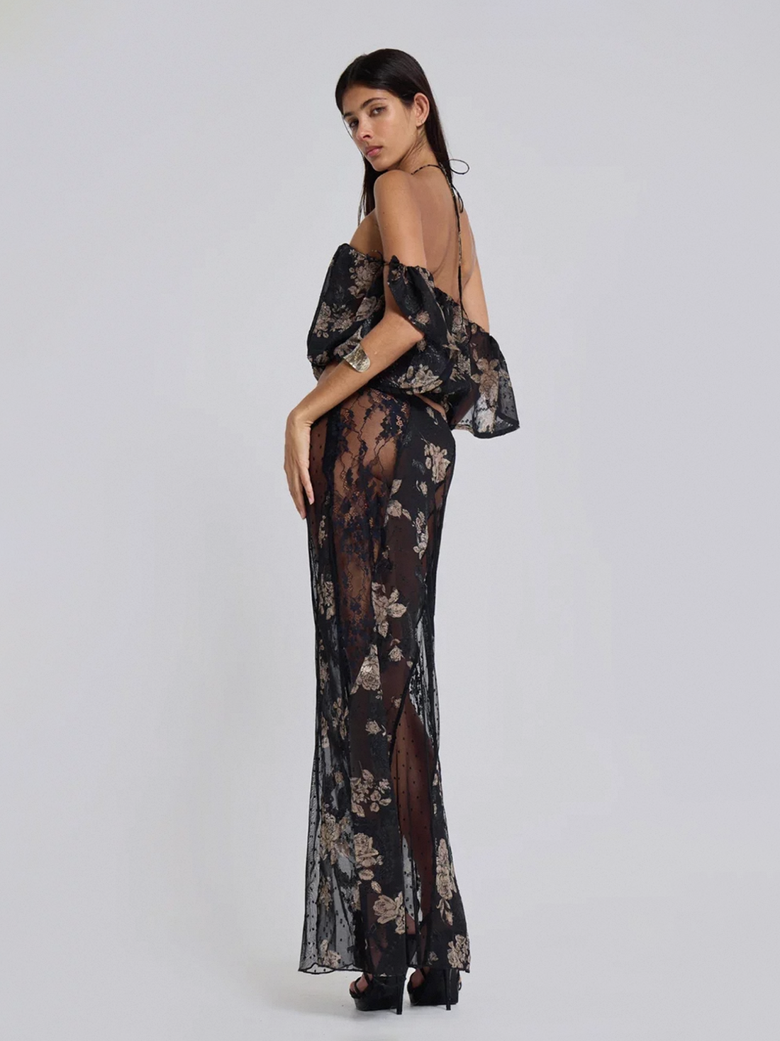 Brick Lane Lace Mesh Sheer Patchwork Maxi Dress - Black