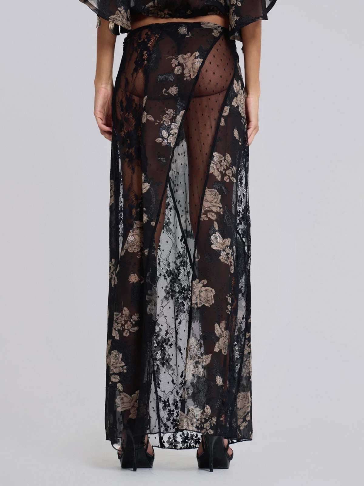 Brick Lane Lace Mesh Sheer Patchwork Maxi Dress - Black