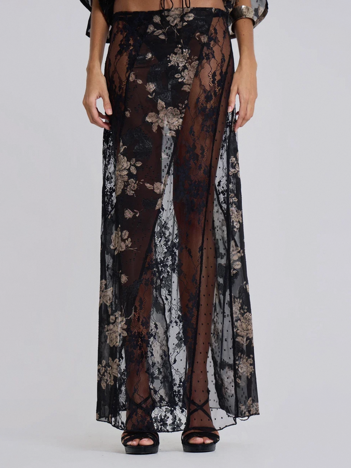 Brick Lane Lace Mesh Sheer Patchwork Maxi Dress - Black