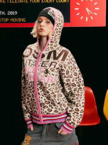 Co-ed Dorm Baggy Leopard Print Zip-up Hoodie - Beige
