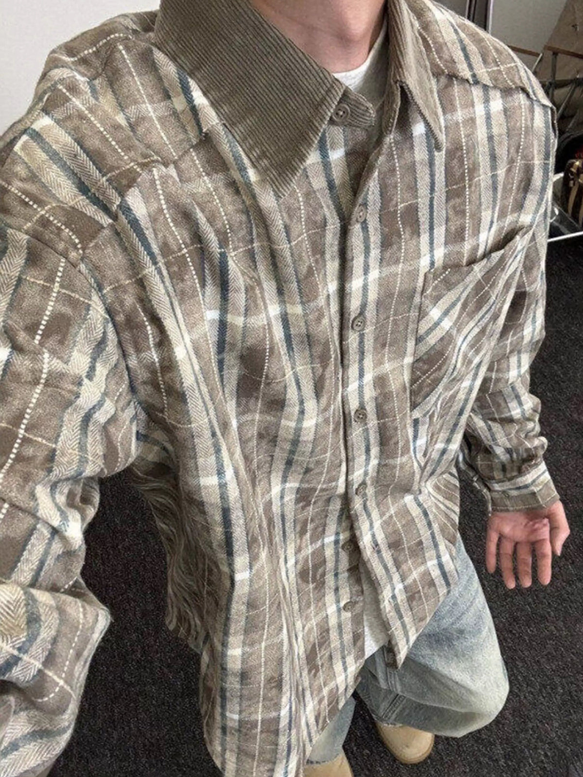 Co-ed Dorm Baggy Plaid Long Sleeve Shirt - Green